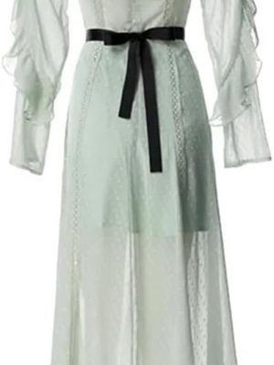 Women's Bohemian Stand Collar Hollow Chiffon Maxi Dress Lace Ruffle Patchwork Casual Vacation Dresses