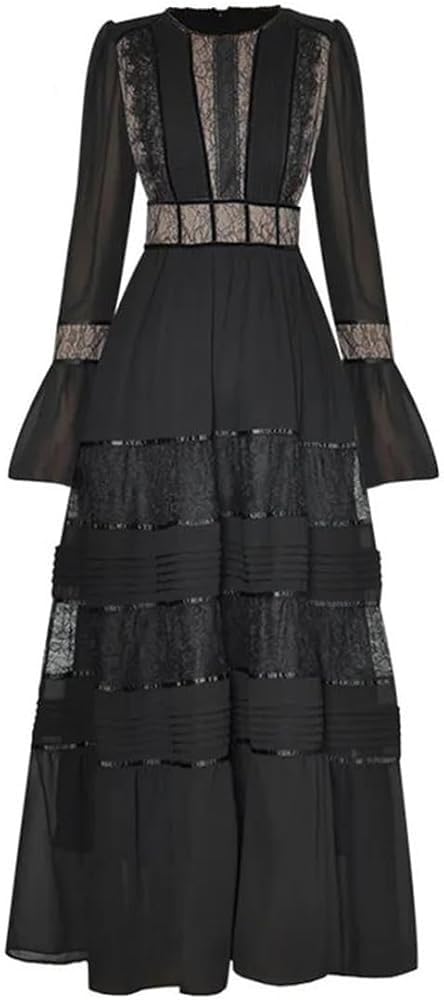 Women's Vintage Patchwork Lace Maxi Dress Bell Sleeve Pleated High Waist Slim A-Line Party Dresses