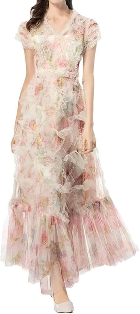 Women's Bohemian Floral Beach Dress Ruffle Net Yarn Flutter Sleeve Cascading Maxi Vacation Dresses