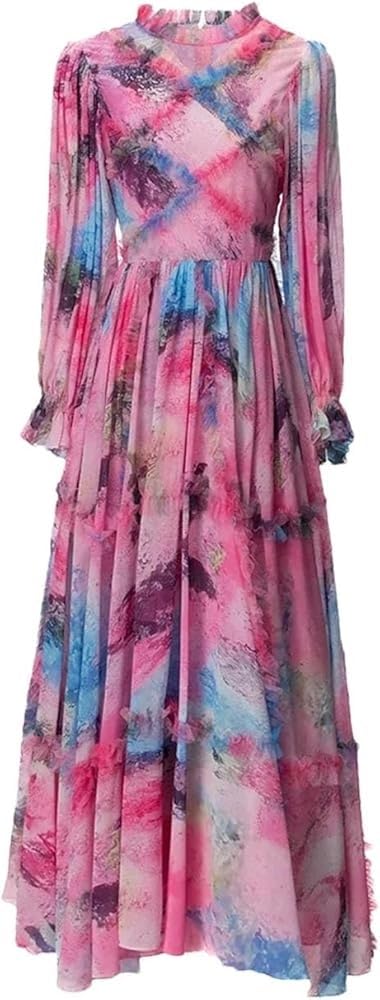 Women's Bohemian Floral Print Chiffon Dress Ruffles Flare Sleeve Eleagnt Party Prom Dresses