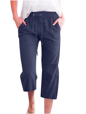 Summer Capri Pants for Women Casual Cotton Linen Pants Straight Leg Vacation Beach Crop Pant with Pockets