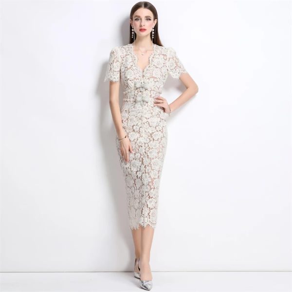 Women Summer Elegant Short Sleeve Hollow Out Pearl Embroidery Midi Long Lace Evening Formal Dress