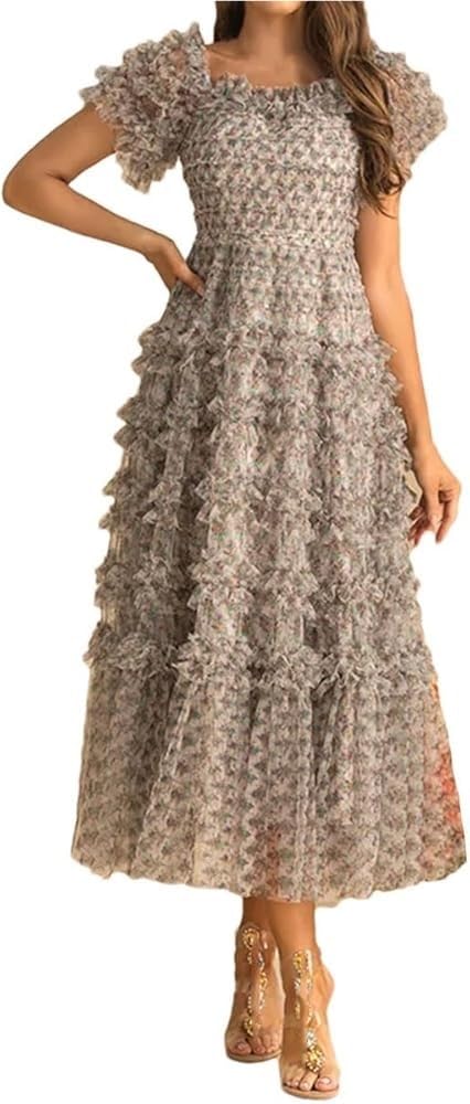 Summer Casual Party Vacation Dresses Women Bohemian Short Sleeved Maxi Dress Elegant Square Neck Holiday Flowing Long Skirt