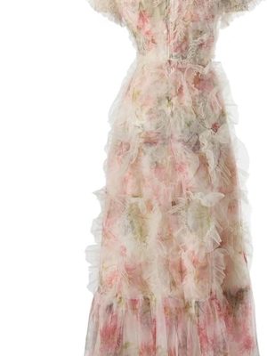 Women's Bohemian Floral Beach Dress Ruffle Net Yarn Flutter Sleeve Cascading Maxi Vacation Dresses