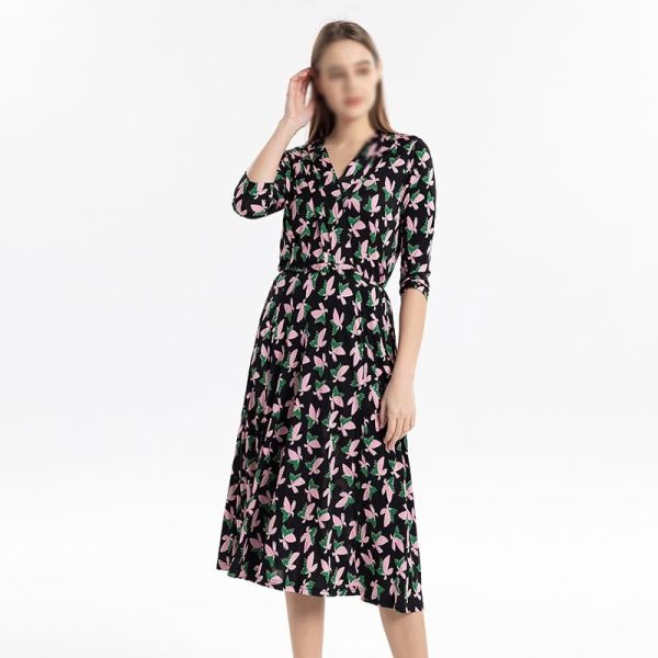 French Style Women's Floral Three-Quarter Sleeve Dress Vneck Silk Long Dress for Casual Outings, Beach Vacations