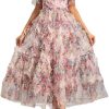 Women's Bohemian Floral Print Net Yarn Cascading Ruffle Dress Summer Beach Party Prom Dresses