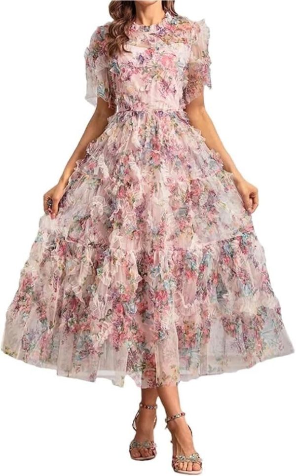Women's Bohemian Floral Print Net Yarn Cascading Ruffle Dress Summer Beach Party Prom Dresses