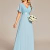 Women's Classic Chiffon Short Sleeve Pleated V-Neck Floor Length Bridesmaid Dresses 09890