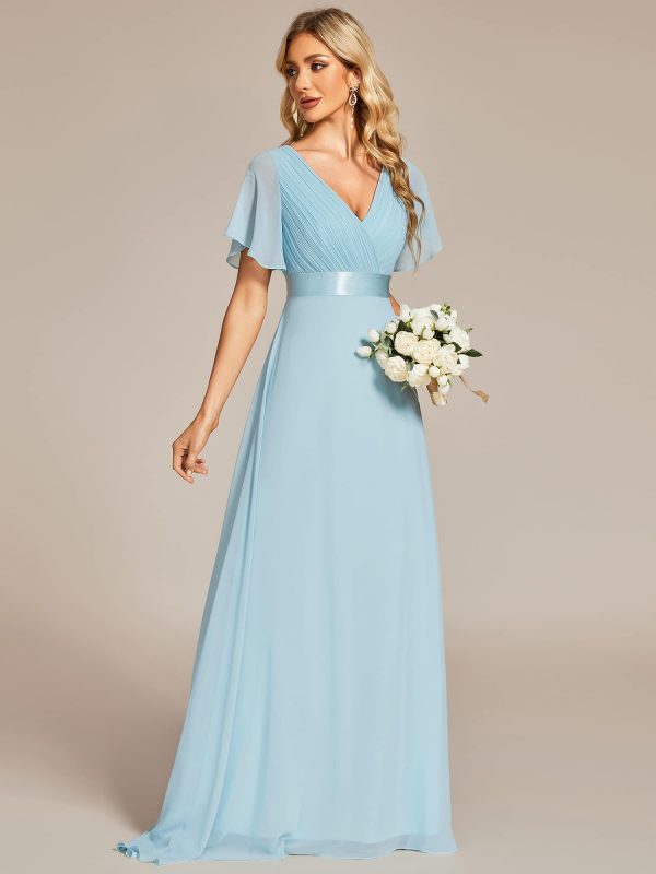 Women's Classic Chiffon Short Sleeve Pleated V-Neck Floor Length Bridesmaid Dresses 09890