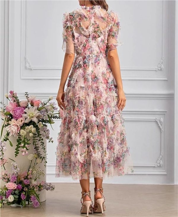 Women's Bohemian Floral Print Net Yarn Cascading Ruffle Dress Summer Beach Party Prom Dresses