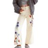 Womens Embroidered Corduroy Pants Casual Winter Straight Leg Elastic Waist Vintage Trousers with Pockets
