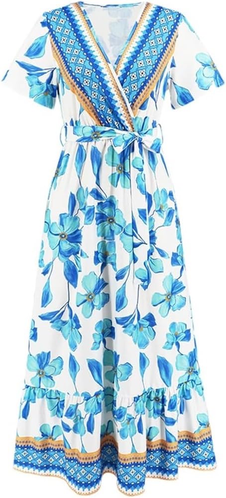 618s21ikVYL.jpg Bohemian Print Long Dress Women Summer Sexy Deep V Neck Beach Dress Casual Vacation Maxi Dress(Blue,XX-Large)