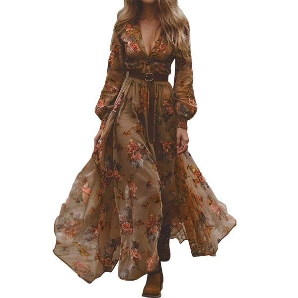 619oxZvhktL.jpg Women's Long Boho Dress Vintage Pastoral Flower V-Neck Dresses Chiffon Western Country Dresses Casual Maxi Dress