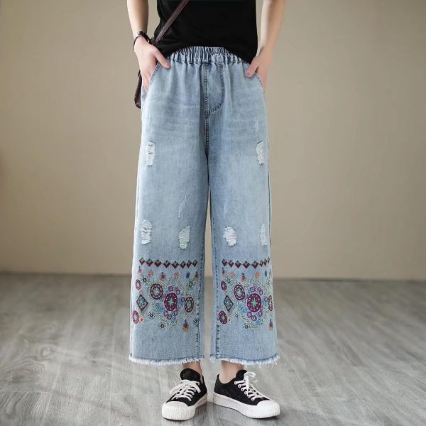 61Ch7VQ6yVL.jpg Fashion Spring Summer Ladies Ripped Loose Jeans Women Casual Embroidery Elastic Wide-Leg Denim Trousers