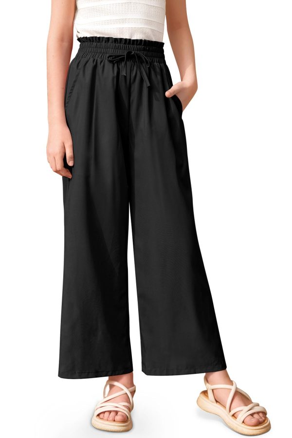 Tween Kids Summer with Pockets Wide Leg Drawstring Trouser Loose Fit Solid Bohemian Palazzo Pants Black 11-12 Years