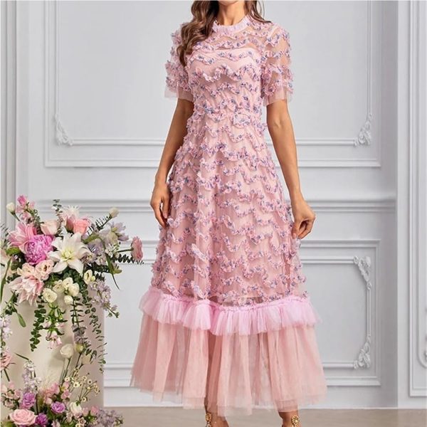 Bohemian Short Sleeve Round Neck Women’s Long Skirt Floral Print Ruffle Net Yarn Dress Casual Summer Elegant Party Dresses