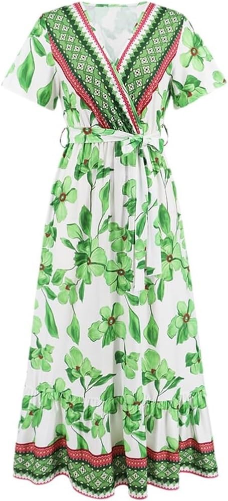 Bohemian Print Long Dress Women Summer Sexy Deep V Neck Beach Dress Casual Vacation Maxi Dress(Green,Medium)