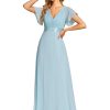 Women's Classic Chiffon Short Sleeve Pleated V-Neck Floor Length Bridesmaid Dresses 09890