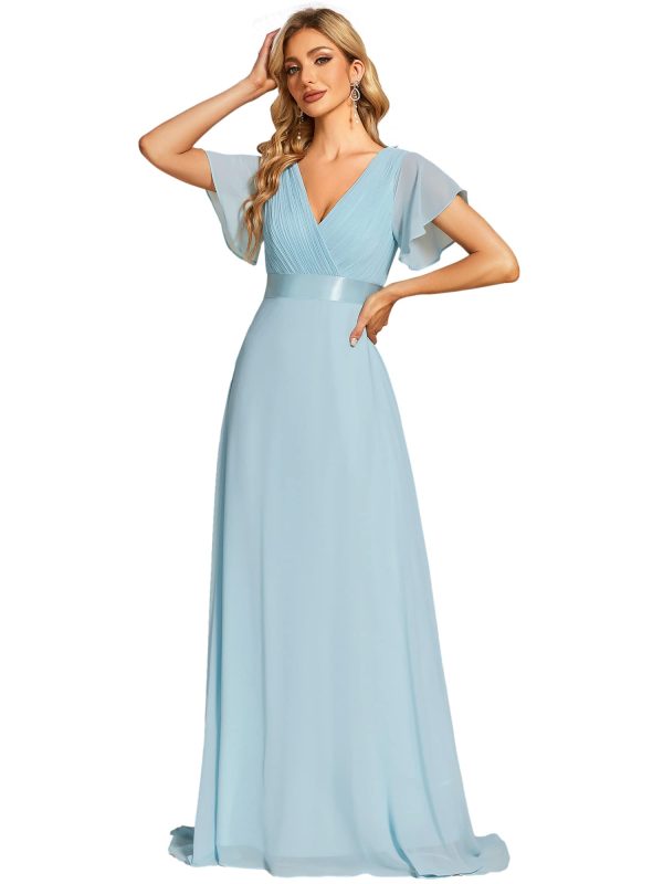 Women's Classic Chiffon Short Sleeve Pleated V-Neck Floor Length Bridesmaid Dresses 09890