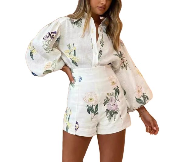 Womens 2 Piece Outfit Hawaiian Long Sleeve Button Down Shirt and Shorts Tracksuit Lounge Set