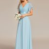 Women's Classic Chiffon Short Sleeve Pleated V-Neck Floor Length Bridesmaid Dresses 09890