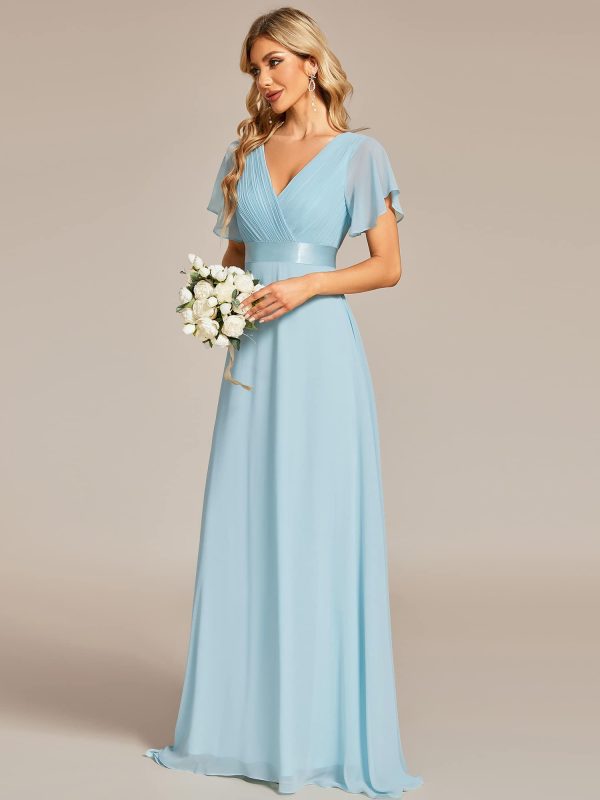 Women's Classic Chiffon Short Sleeve Pleated V-Neck Floor Length Bridesmaid Dresses 09890