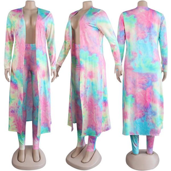 Womens Fashion Printed Long Cardigans 2 Piece Outfits,Long Sleeve Coat and Trousers Set