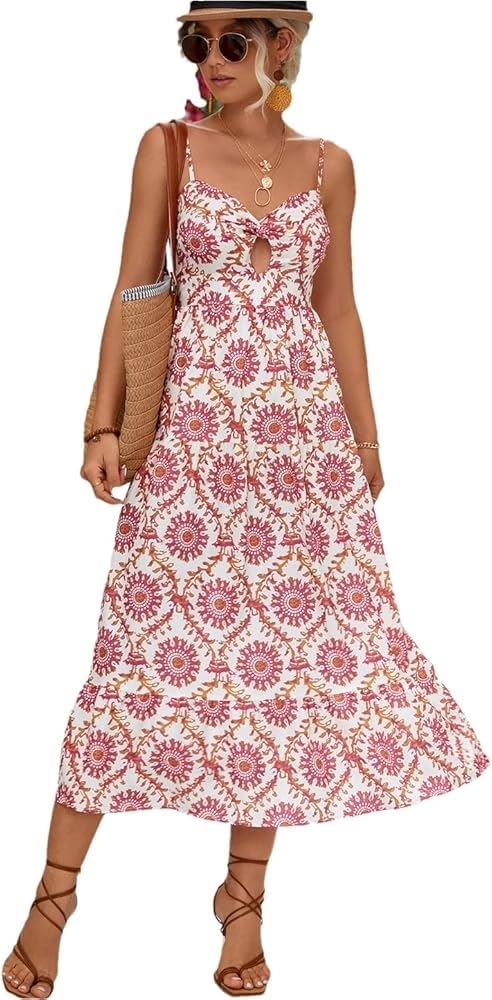 61XtvB0w2zL.jpg Bohemian Floral Sundress Women Sleeveless Strap Dress with Bowknot Folds Cut Out Summer Beach Casual Maxi Dress