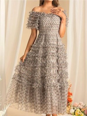 Summer Casual Party Vacation Dresses Women Bohemian Short Sleeved Maxi Dress Elegant Square Neck Holiday Flowing Long Skirt