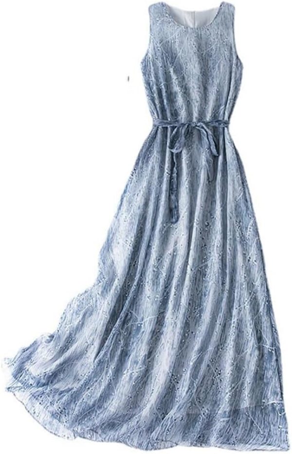 Boho Silk Dress Women Natural Sleeveless O Neck Lace Up Beach Dress Floral Printing Summer Maxi Dress(XX-Large)