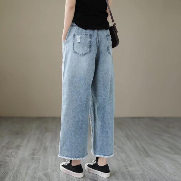 61bZ37ssp5L.jpg Fashion Spring Summer Ladies Ripped Loose Jeans Women Casual Embroidery Elastic Wide-Leg Denim Trousers