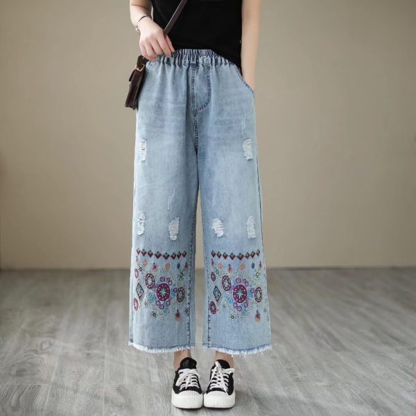 61d-nJpAvyL.jpg Fashion Spring Summer Ladies Ripped Loose Jeans Women Casual Embroidery Elastic Wide-Leg Denim Trousers
