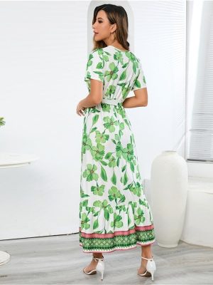 Bohemian Print Long Dress Women Summer Sexy Deep V Neck Beach Dress Casual Vacation Maxi Dress(Green,Medium)
