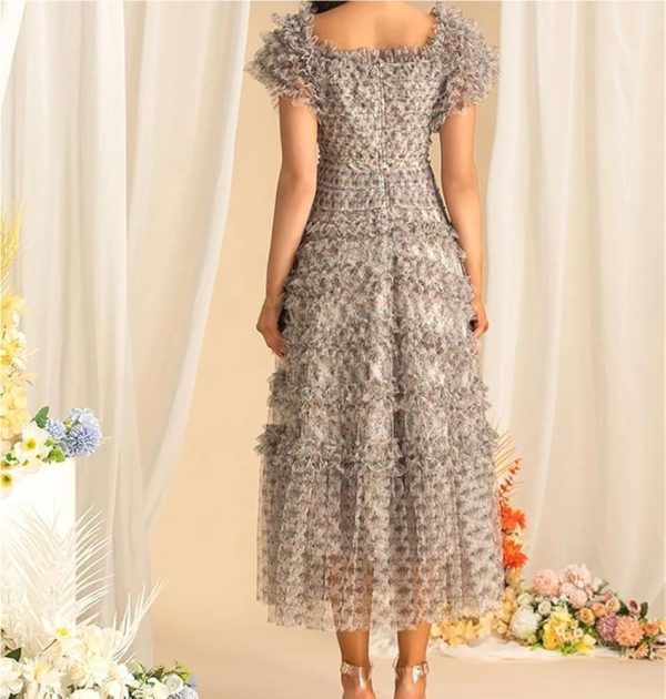 Summer Casual Party Vacation Dresses Women Bohemian Short Sleeved Maxi Dress Elegant Square Neck Holiday Flowing Long Skirt
