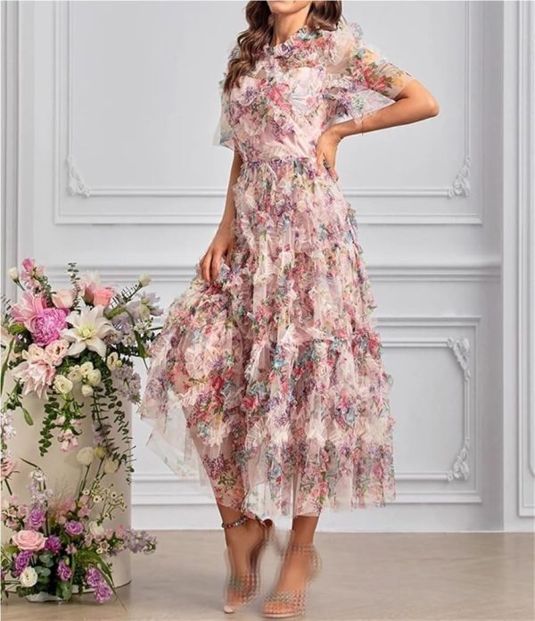 Women's Bohemian Floral Print Net Yarn Cascading Ruffle Dress Summer Beach Party Prom Dresses