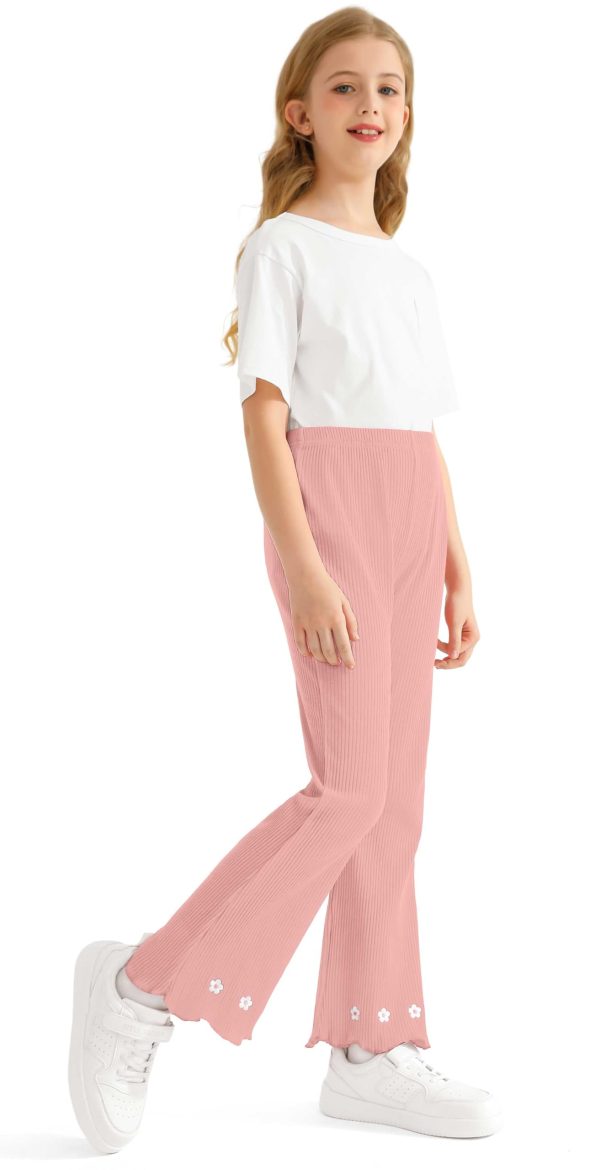Girl's Fall Knitted Ribbed Bell Bottoms Pants Ruffle Flare Pants Floral Embroidery Trousers for Children's