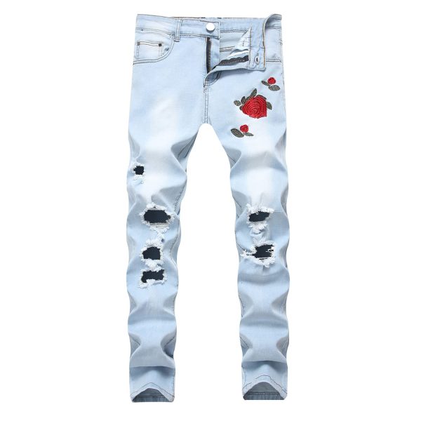 Men's Ripped Floral Embroidered Skinny Jeans Vintage Style with Broken Holes Denim Pants Stretch Fit Jean Trousers (Light