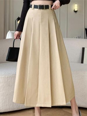 Women Mid Length Skirt High Waist A-Line Large Swing Umbrella Skirt OL Knee Length Suit Pleated Long Skirt