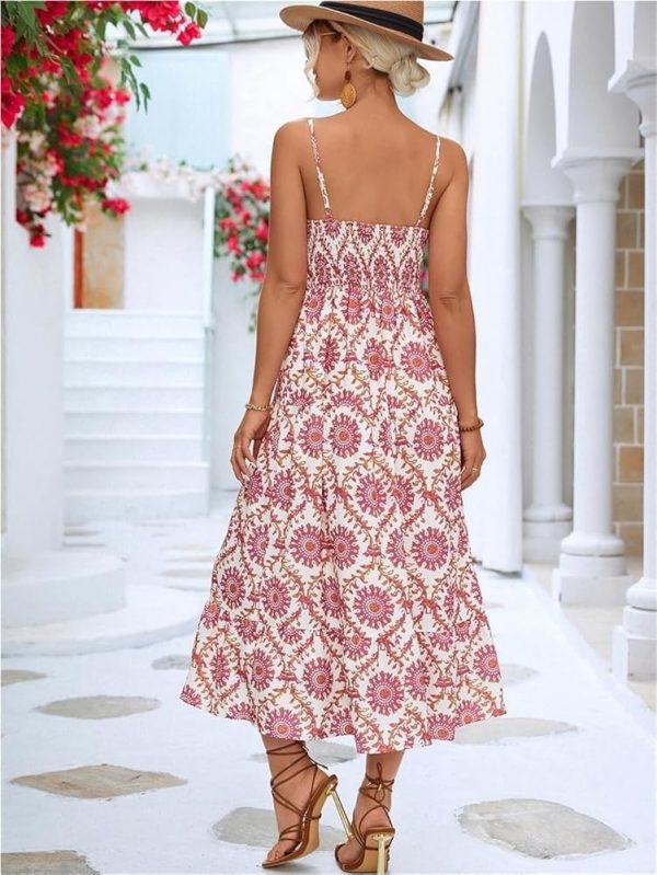 61rpoXtwyhL.jpg Bohemian Floral Sundress Women Sleeveless Strap Dress with Bowknot Folds Cut Out Summer Beach Casual Maxi Dress