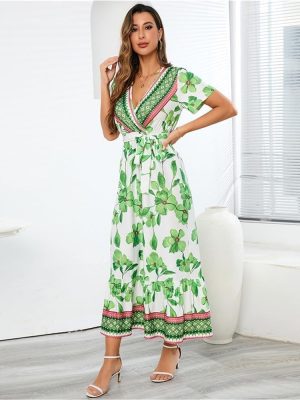 Bohemian Print Long Dress Women Summer Sexy Deep V Neck Beach Dress Casual Vacation Maxi Dress(Green,Small)
