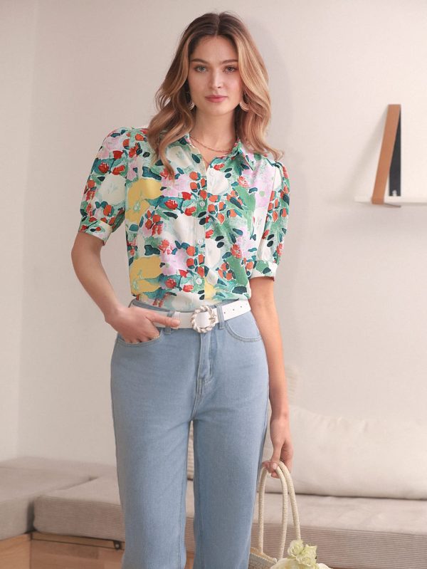 Women's Floral Print Short Puff Sleeve Blouse Elegant Collar Button Down Shirts Tops