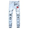 Men Casual Printed Wash Ripped Jeans Stretch Mid Wasited Denim Pants with Holes Y2K Classic Distressed Trousers