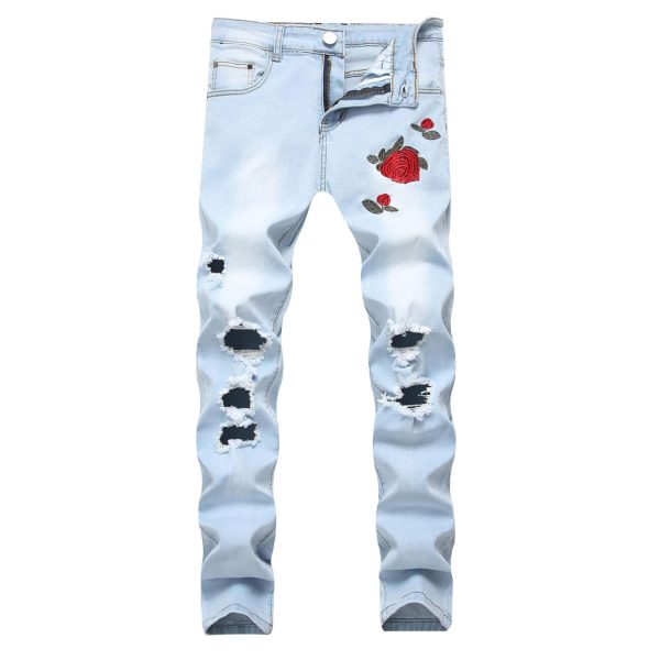 Men Casual Printed Wash Ripped Jeans Stretch Mid Wasited Denim Pants with Holes Y2K Classic Distressed Trousers