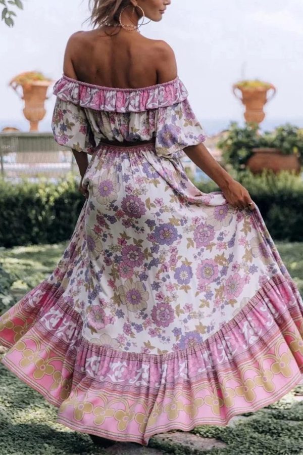 Women's Floral Resort Set - Slash Neck Ruffle Blouse & High Waist Maxi Skirt in Soft Pink