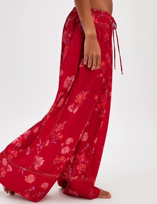 Women Summer Casual High Waist Wide Leg Pants Floral Print Palazzo Pant Flowy Lounge Beach Trousers with Pockets