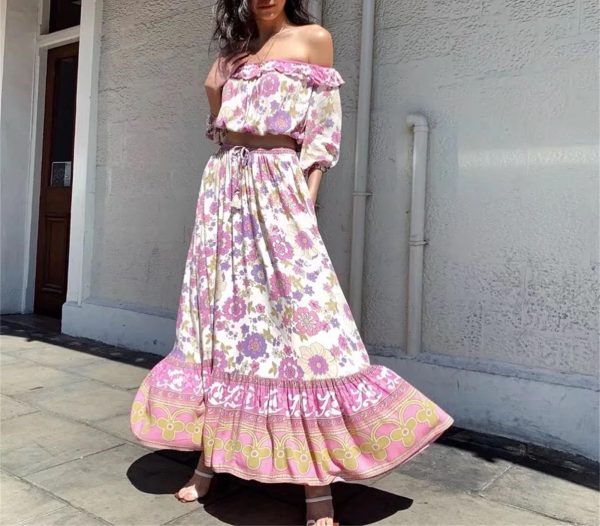 Women's Floral Resort Set - Slash Neck Ruffle Blouse & High Waist Maxi Skirt in Soft Pink