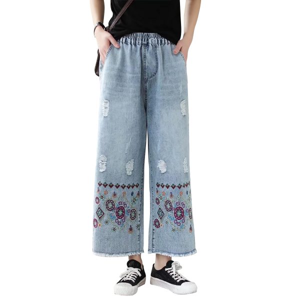71tzSXJ3MRL.jpg Fashion Spring Summer Ladies Ripped Loose Jeans Women Casual Embroidery Elastic Wide-Leg Denim Trousers