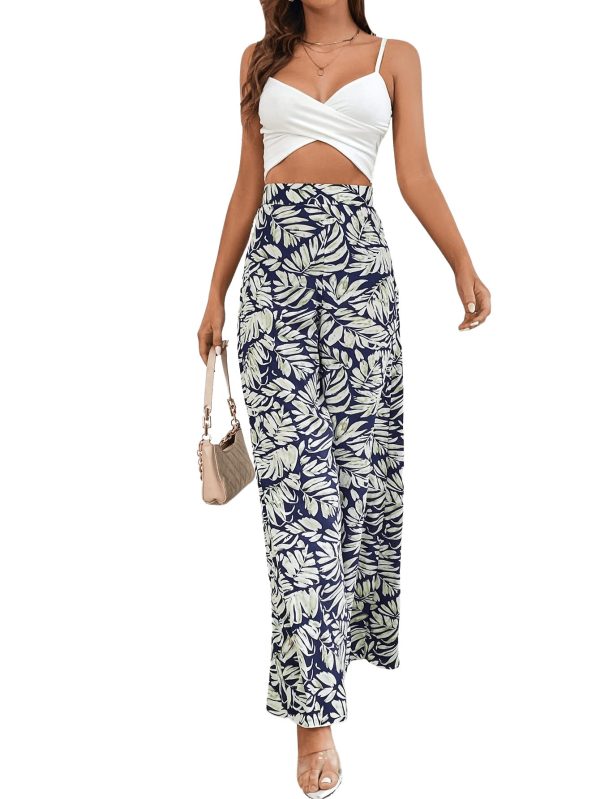Women's Boho Floral Print High Waist Wide Leg Pants Loose Fit Trousers