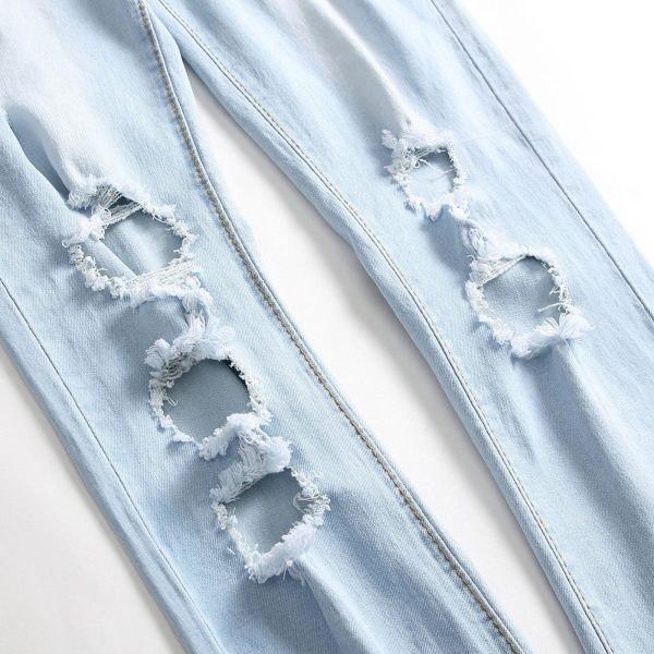 Men Casual Printed Wash Ripped Jeans Stretch Mid Wasited Denim Pants with Holes Y2K Classic Distressed Trousers
