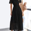 Womens 2025 Summer Maxi Dress Short Sleeve V Neck Hollow Out Eyelet A Line Long Flowy Beach Vacation Dresses
